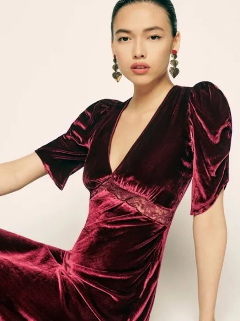 Reformation Malaga Velvet Dress in Chianti Lace Pouf Sleeve Plunge Neck Floor - Picture 5 of 14